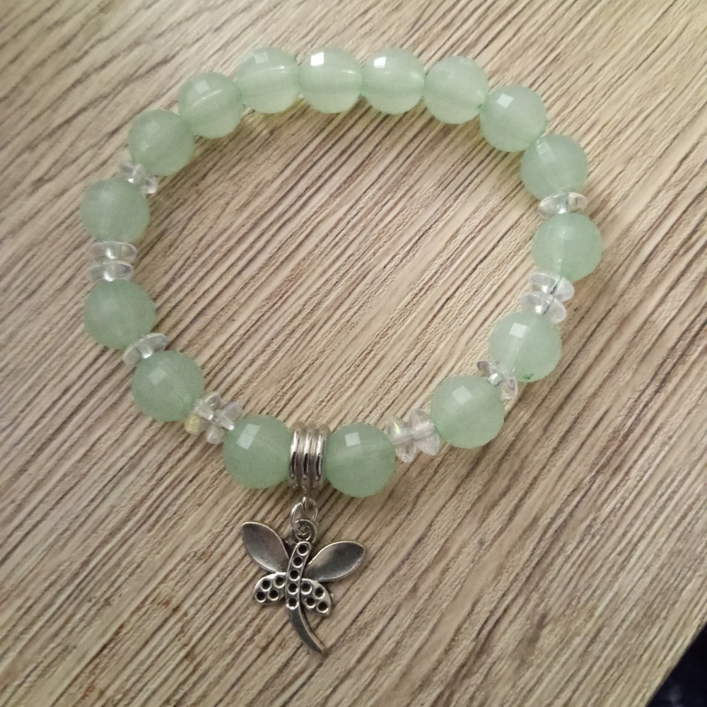 Seafoam green beaded silver plated dragonfly statement bracelet hand crafted